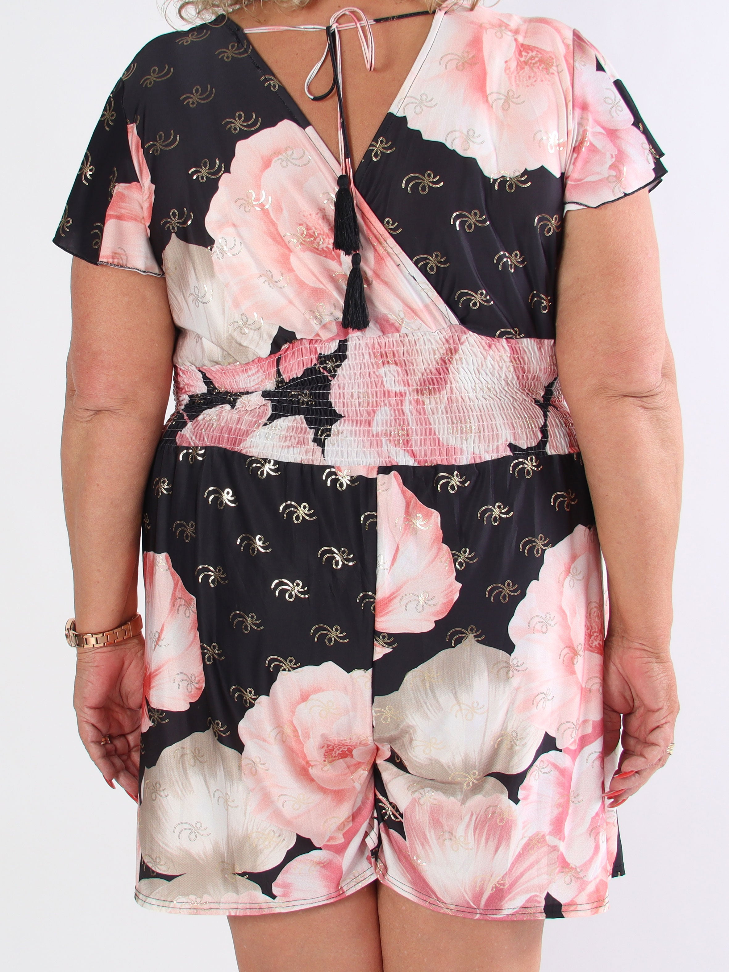 Pams Peony Playsuit - Jumpsuit i stor storlek med resår och blommigt tryck